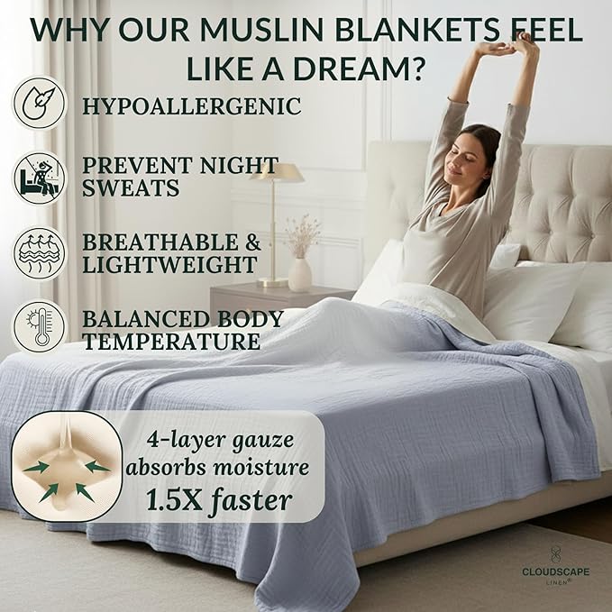 CLOUDSCAPE 100% Cotton Muslin Blanket Twin Size, 4 Layer Oversized 68x92 Fits Twin XL Bed, Soft Breathable, Lightweight, Summer Blanket for Adults, Perfect Spring Gift for All Season- Lavender Blue