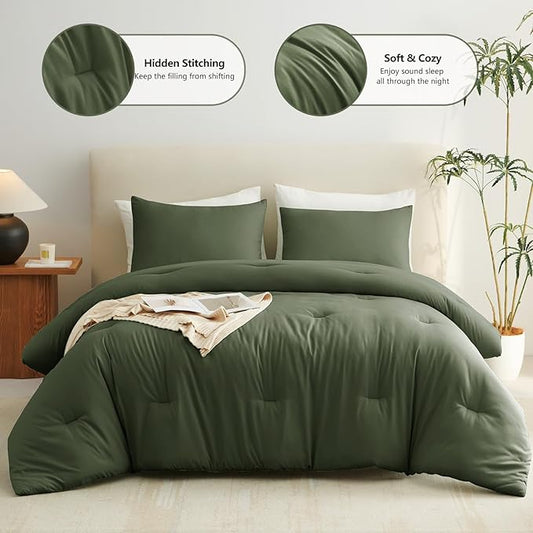 CozyLux King Size Comforter Set Olive Green, 3 Pieces Solid Comforters King Size Breathable Quilted Bedding Sets, Luxury Soft Lightweight Bed Set with Down Alternative Comforter and 2 Pillowcases