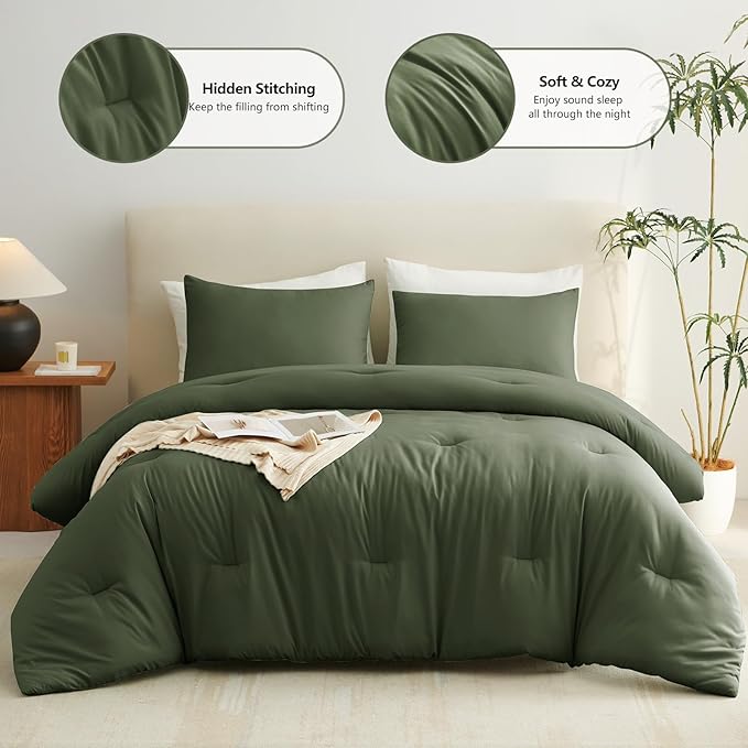 CozyLux Oversized King Comforter Set Olive Green, 3 Pieces 120x98 Solid Breathable Quilted Bedding Sets All Seasons, Luxury Soft Lightweight Bed Set with Down Alternative Comforter and 2 Pillowcases