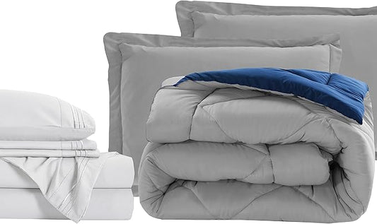 Elegant Comfort 7-Piece King Size Bed-in-a-Bag - Luxury 1500 Thread Count Comforter & Sheet Set, Super Cozy, Wrinkle and Stain Resistant, Silver/Navy