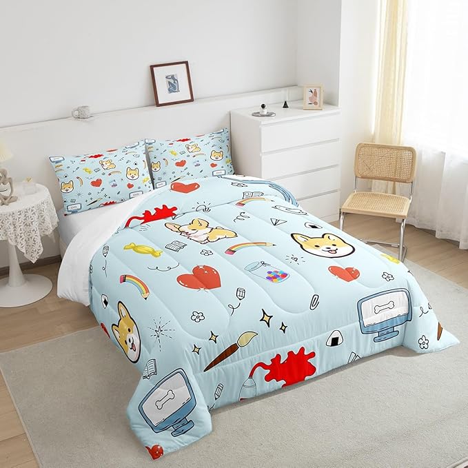 Castle Fairy Cartoon Dog Comforter King Size,Hippie Graffiti Painting Comforter Set Bedding Set for Kids Adults,Kawaii Puppy Pet Theme Duvet Set Ultra Soft Room Decor 3Pcs Quilt Set