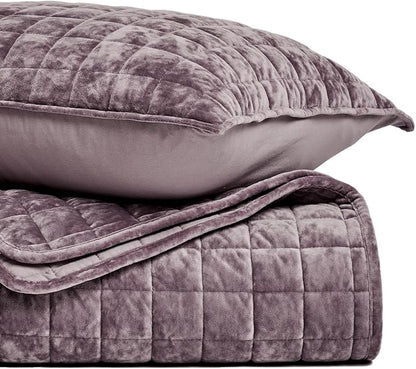 RECYCO Luxury Velvet Quilt Set King Size Bedding Sets, Ultra Soft Velvet Comforter Set, Lightweight Grid Box Stitch Oversized Bedspread Coverlet for All Season, with 2 Shams, Purple