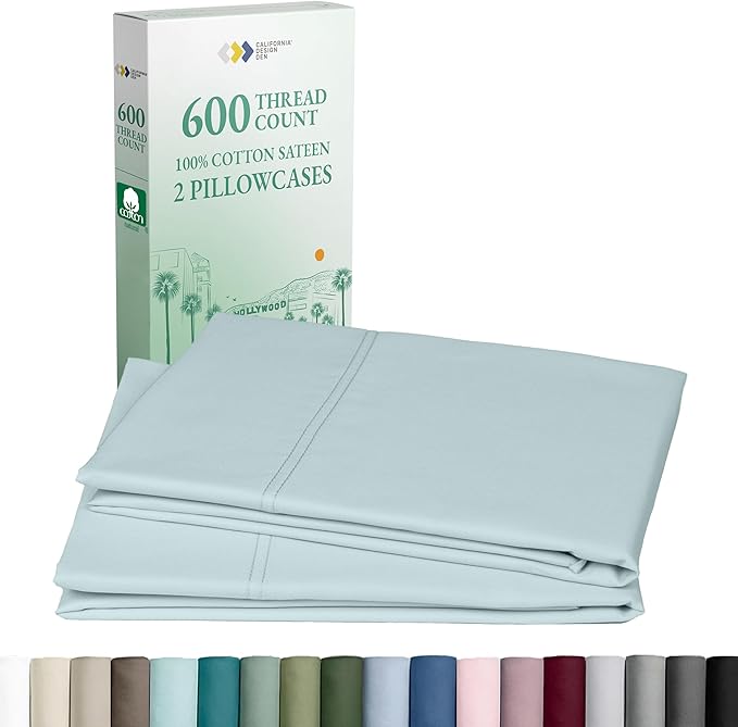 CALIFORNIA DESIGN DEN Luxuriously Soft Hotel Quality 600 Thread Count, 100% Cotton Set of 2 Cases, Crisp & Cool Standard Pillows Cases Set of 2 Fits Standard & Queen Pillows (Seafoam)