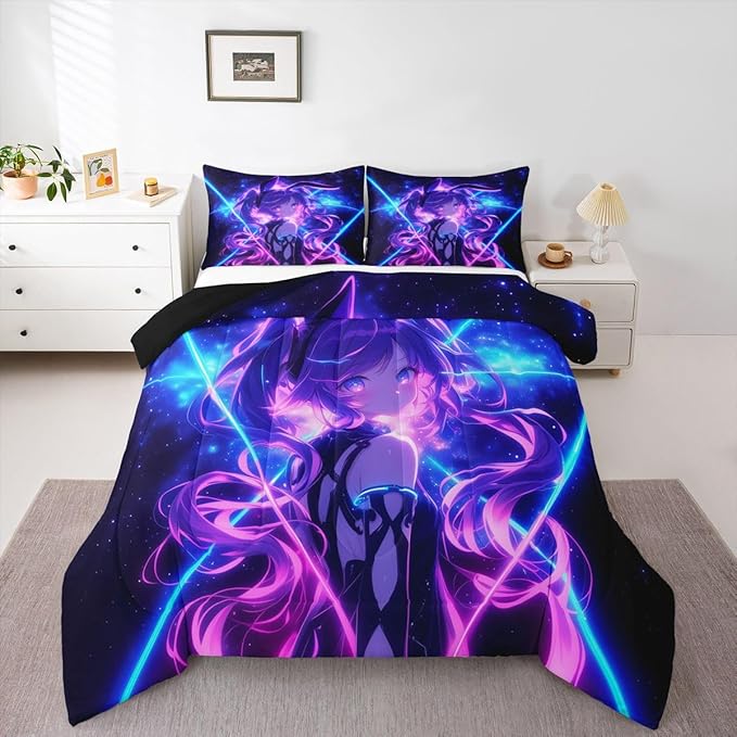 Erosebridal 3D Anime Kids Bedding | Japanese Girl Comforter Sets King,Girly Galaxy Stars Comforter Purple Neon Duvet Insert with 2 Pillow Cases