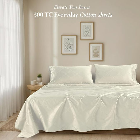 Threadmill Cotton Queen Sheet Set - 100% Cotton Damask Jacquard Sheets With 16" Deep Pocket - Soft Sateen Weave 4-Piece Cooling Bedding for Queen Size Bed - Ivory