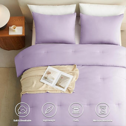 CozyLux Lavender Full Size Comforter Set, 3 Pieces Light Purple Solid Breathable Quilted Boho Bedding Sets, Luxury Fluffy Soft Bed Set with Down Alternative Comforter and 2 Pillowcases for All Season