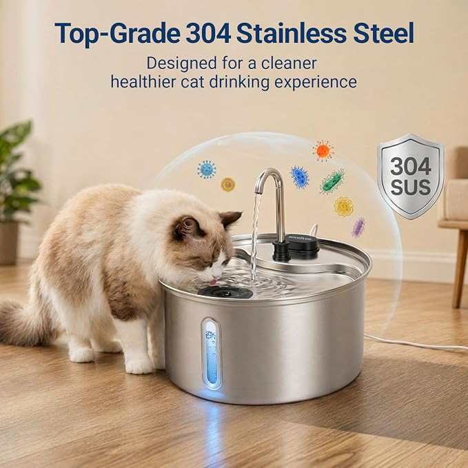 304 Stainless Steel Cat Water Fountain, 118oz/3.5L Pet Drinking Fountain for Cats and Small Dogs, Ultra-Quiet, Dishwasher Safe, Water Level Window, Cat Fountain with Smart Pump Protection