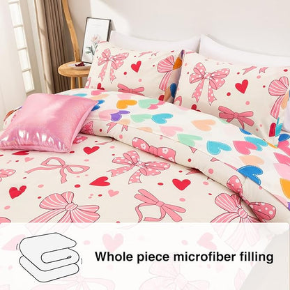 A Nice Night Lightweight Soft 6 Piece Bowknot Comforter Set Queen Size Bed in a Bag,Cartoon Love Hearts &Bow & Polka Dot Design Bedding Set for Girls Kids