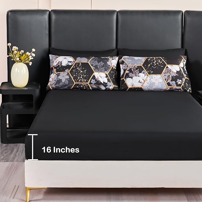 ANGIYUIN Black King Size Comforter Sets Marble Bed in A Bag with Sheets Flowers Bedding Sets for Women Men Gold Geometric Hexagon Print Comforter Bed Sets