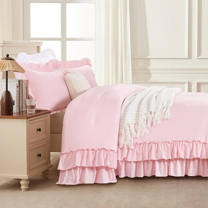 Andency Pink Ruffle Comforter Full Set, 3pcs Vintage Farmhouse Shabby Chic Bedding Comforter Set, Soft Lightweight Fluffy Bed Comforter Sets All Season Bedding Set