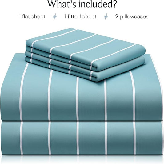 LuxClub 4 PC Cal King Size Sheet Set, Breathable Luxury Bed Sheets, Deep Pockets 18" Wrinkle Free Cooling Machine Washable Hotel Bedding (Striped Light Blue)