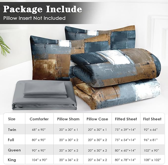 5 Pcs Twin Size Comforter Set with Pillowcase & Sham, Grey Brown Painting Bedding for Kids and Adults, Beige Contemporary Bed in a Bag with Flat Fitted Sheet