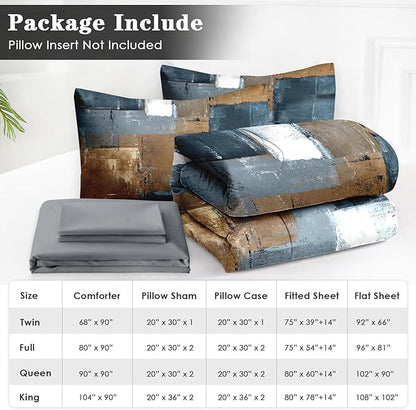 5 Pcs Twin Size Comforter Set with Pillowcase & Sham, Grey Brown Painting Bedding for Kids and Adults, Beige Contemporary Bed in a Bag with Flat Fitted Sheet