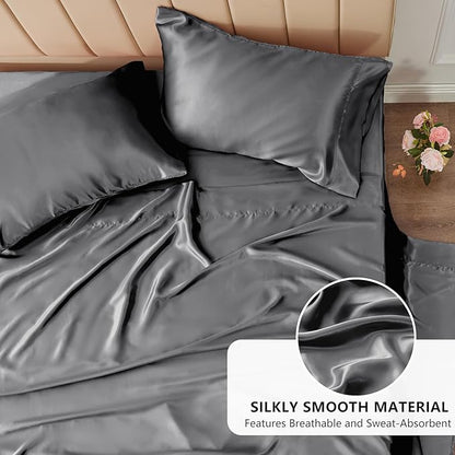 CozyLux Satin Sheets Queen Size Bed Set - 4 Piece Silky Queen Sheet Set, Luxury Dark Grey Queen Sheets with Smooth and Soft Microfiber, Includes 1 Fitted Sheet, 1 Flat Sheet and 2 Pillowcases