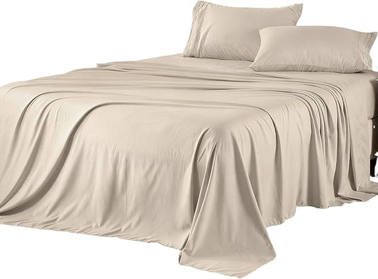 ROSE&RISY Khaki Sheets Queen Sheet Set, Pre-Washed Cotton-Like Brushed Microfiber, 4 Pcs Super Soft Breathable Cooling Bed Sets,Includes 1 Fitted, 1 Flat, 2 Pillowcases (Khaki, Queen)