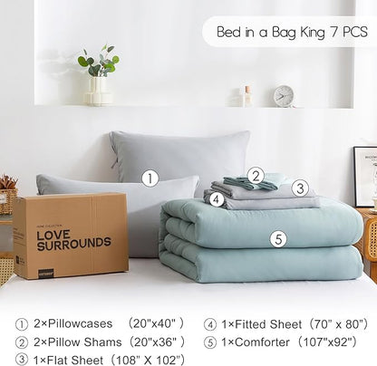 OTTEBED Ultra-Soft Queen Comforter Set with Sheets - Boho 7 Piece Bed in a Bag Lightweight All Season Use, Aesthetic Washed PolyCotton QUEEN Sage Green Comforter with Grey Bedding Sheet Set Pillowcase