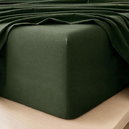 MooMee Fitted Bottom Sheet Only 100% Washed Cotton Linen Like Textured Breathable Durable Soft Comfy Deep Pocket Fits Mattress up to 17" (Forest Green, Queen)