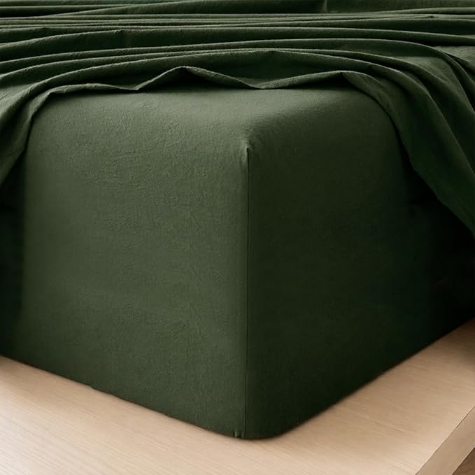 MooMee Fitted Bottom Sheet Only 100% Washed Cotton Linen Like Textured Breathable Durable Soft Comfy Deep Pocket Fits Mattress up to 17" (Forest Green, Twin)