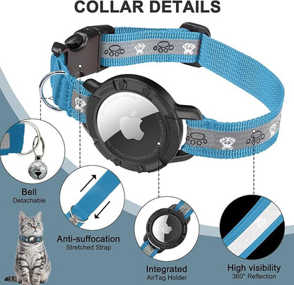 Reflective AirTag Cat Collar, Integrated Cat Collar with Air Tag Holder | Built in AirTag Holder, Adjustable 7-13in for Cats, Kittens and Puppies, Safety Elastic Band, Reflective for Night Walking