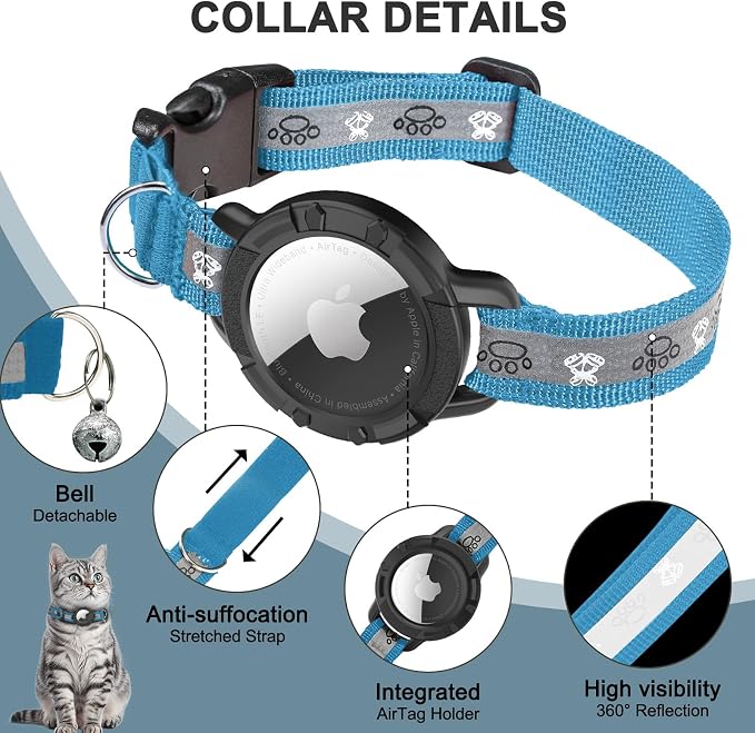 Reflective AirTag Cat Collar, Integrated Cat Collar with Air Tag Holder | Built in AirTag Holder, Adjustable 7-13in for Cats, Kittens and Puppies, Safety Elastic Band, Reflective for Night Walking