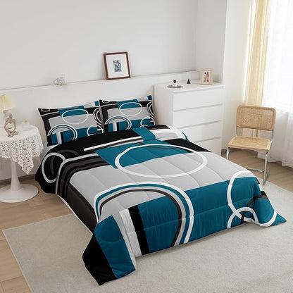Erosebridal Modern Turquoise Decor Comforter Set Gray Black Blue Stripe Geometric Down Comforter Full Size Retro Circle Swirls Bedding Set Modern Abstract Texture Color Art Duvet Set