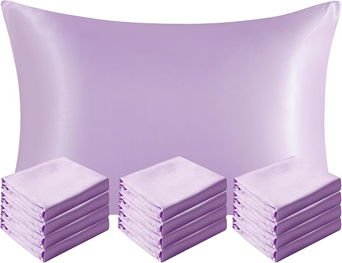 NTBAY 12 Pack Satin Standard Pillowcases for Hair and Skin, Luxurious and Silky Pillow Cases with Envelope Closure, 20 x 26 Inches, Light Purple