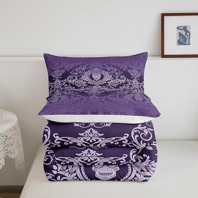 Feelyou Adults Purple Vintage Damask Floral Comforter Set Oriental Antique Comforter Full Size Gothic Bohemia Boho Bedding Set Exotic Sugar Skull Duvet Set Quilt Set 3Pcs