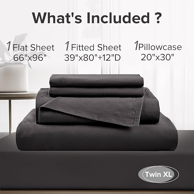 Comfort Spaces 100% Cotton Sheets Twin XL, Breathable & Ultra Soft Cotton Sheets, Naturally Cool Cotton Bed Sheets with 12" Elastic Pocket Fits up to 14" Mattress, All Season Sheet Set, Black, 3 Piece