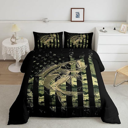 Feelyou Bass Fish Comforter Set Full Size Fisherman Camouflage Bedding Set Pike Fish Camo American Flag Comforter for Women Men Fsihing Lover Room Farmhouse Fishing Bed Set Wild Quilted Set 3Pcs