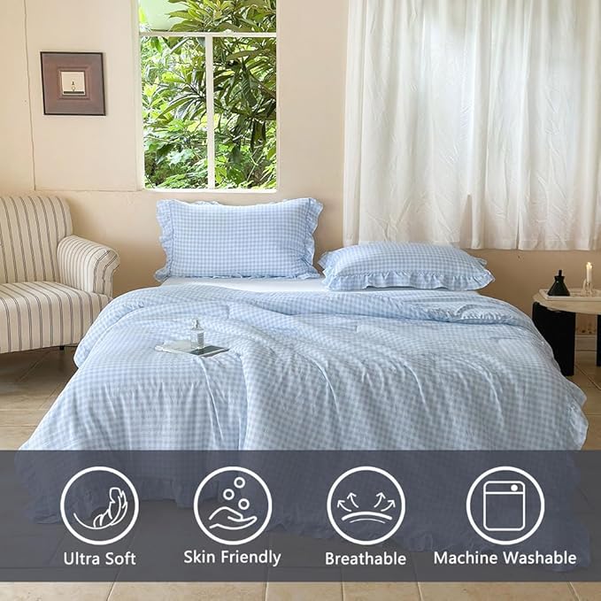 NSNLGSGC Light Blue Ruffle Gingham Comforter Set King, Pre-Washed Ruffled Plaid Checked Comforter Bedding, 3 Pieces Vintage Farmhouse Grid Bedding Set(Blue Gingham, King)