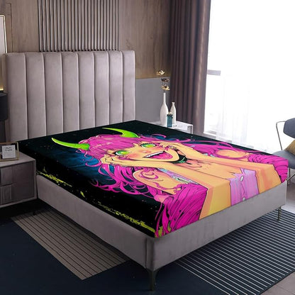 Erosebridal Anime Girl Bed Sheets Queen Size, Japanese Anime Fitted Sheet for Kids Boys Teens Bedroom Decor, Cartoon Girl Bedding Set Kawaii Japanese Animation Bed Set with 2 Pillow Cases