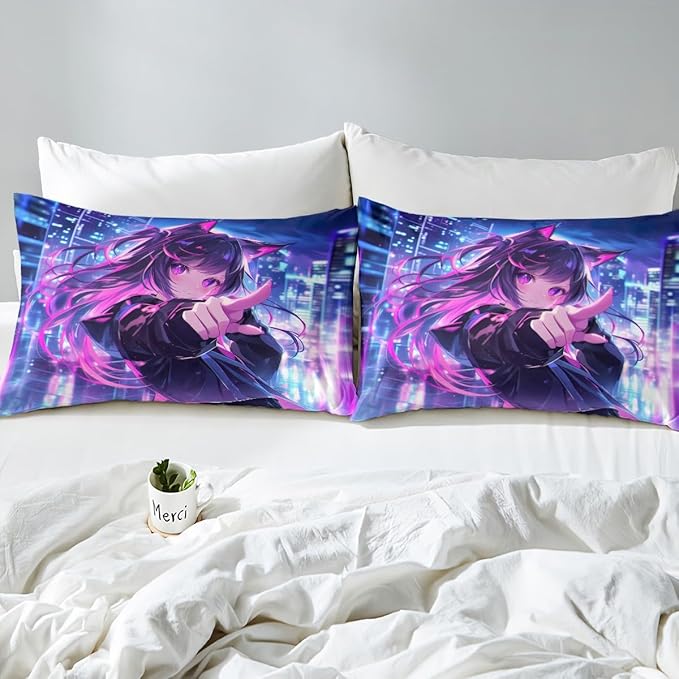 Erosebridal Kids Anime Girl Twin Size Bedding Set, Japanese Anime Bed Sheets, Cartoon Girl Fitted Sheet for Boys Teens Bedroom Decor, Kawaii Japanese Animation Bed Set with 1 Pillow Case