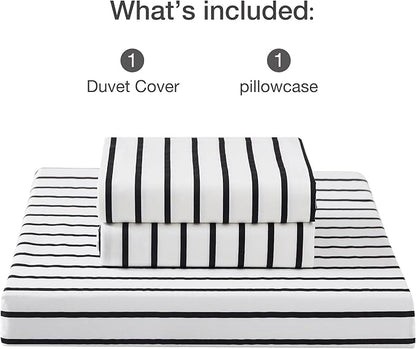 JELLYMONI 100% Natural Cotton 2pcs Striped Duvet Cover Sets, White Duvet Cover with Thick Black Stripes Pattern Printed Comforter Cover, with Zipper Closure & Corner Ties(Twin Size)