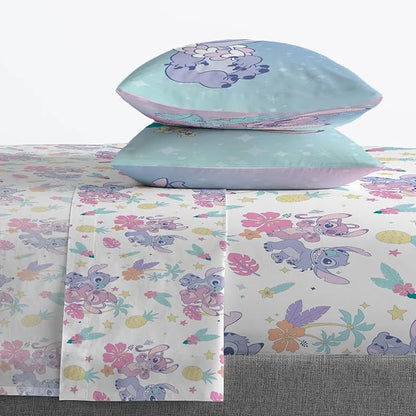 Jay Franco Disney Lilo & Stitch Full Size Sheet Set - 4 Piece Kids Bedding Includes Fitted Sheet, Flat Sheet & 2 Pillowcases - Ultra-Soft Brushed Microfiber, White Floral Stitch & Angel Design