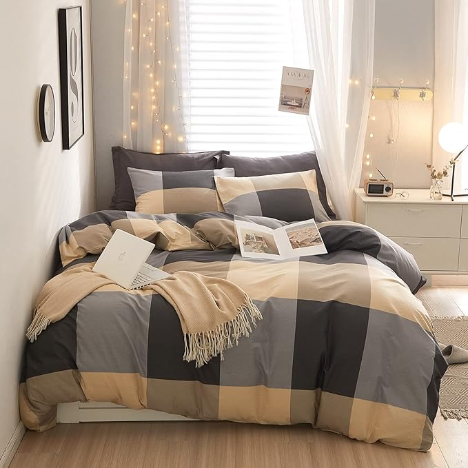 EAVD Vintage Style Brown&Black Buffalo Plaid Comforter Set Queen Boy Men Fluffy Retro Checkered Plaid Bedding Comforter with 2 Pillowcases Farmhouse Geometric Bedding Set for All-Season