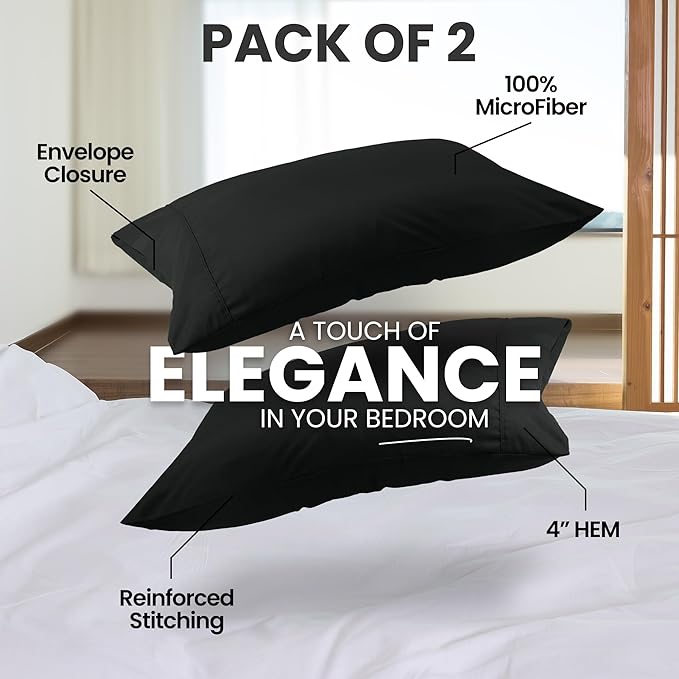 Utopia Bedding King Pillow Cases - 2 Pack - Envelope Closure - Soft Brushed Microfiber Fabric - Shrinkage and Fade Resistant Pillow Covers King Size 20 X 40 Inches (King, Black)