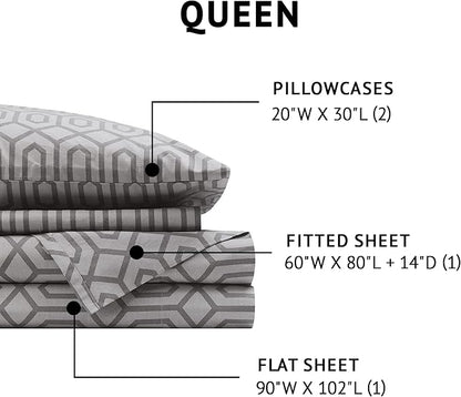 Comfort Spaces 100% Cotton Sheet Set Breathable, Lightweight, Soft with 14" Elastic Pocket Fits up to 16" Mattress, All Season Cozy Bedding, Matching Pillow Case, King Diamond Sliver 4 Piece