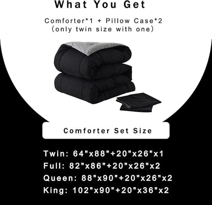 DOWNCOOL Twin Comforter Set -All Season Bedding Comforters Sets with 1 Pillow Case -2 Pieces Bed Set Down Alternative Comforter Set -Black/Grey Twin Bedding Sets(64"x88")