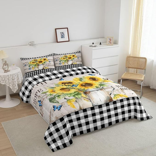 Yellow Sunflowers Queen Size Comforter Set,Rustic Farmhouse Style Down Alternative Comforter Adults Bedroom Decor,Black White Plaid Retro Gingham Ultra Soft Microfiber Inner Fill 3Pcs Bedding