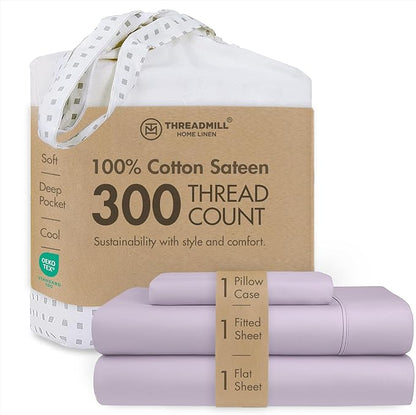 Threadmill Cotton Twin XL Sheet Set | 100% Cotton Sheets for Twin XL Size Bed | Solid Sateen Twin XL Bed Sheets Set with 16” Deep Pocket | Soft Breathable 3-Piece Cooling Sheet Set | Lilac