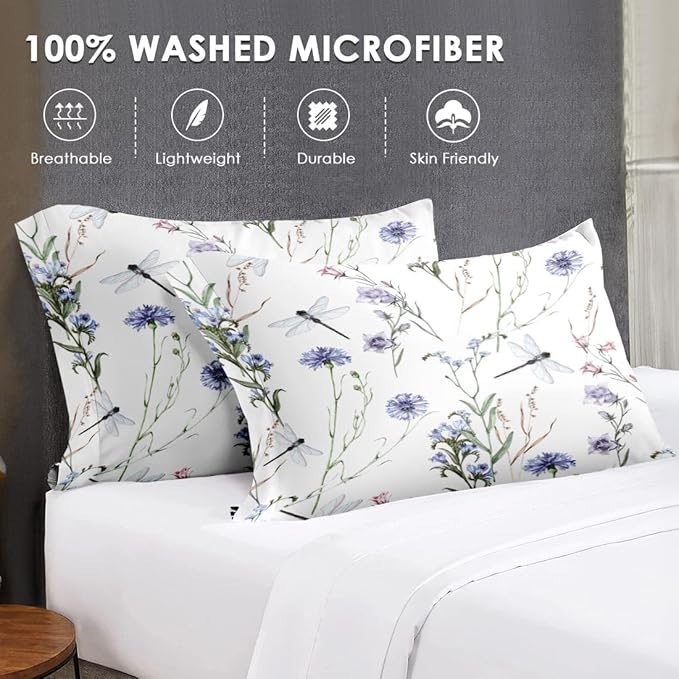 King Size Comforter Set with 2 Pillowcases, Summer Flower Painting Dragonfly Floral Soft 3 Pcs Bedding for Kids and Adults Bedroom Bed Decor