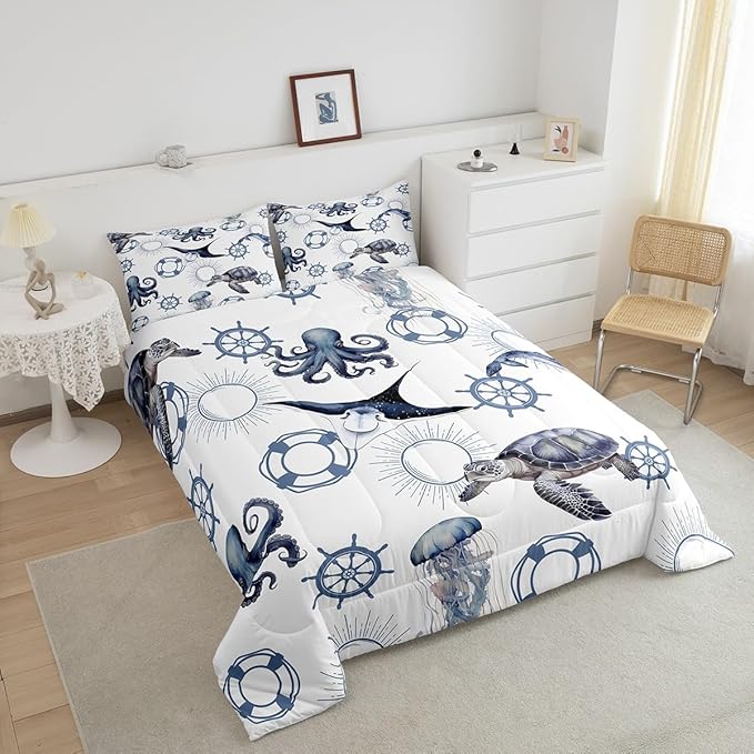 Castle Fairy Sea Turtle Comforter Set King,Octopus Jellyfish Ocean Life Bedding Set for Boys Girls Teens Bedroom Decor,Nautical Style Sea Animals Quilt Set Super Soft Duvet Set,Gift for Her Him