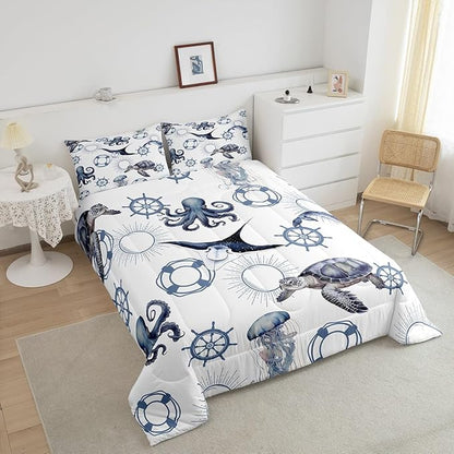 Castle Fairy Sea Turtle Comforter Set King,Octopus Jellyfish Ocean Life Bedding Set for Boys Girls Teens Bedroom Decor,Nautical Style Sea Animals Quilt Set Super Soft Duvet Set,Gift for Her Him