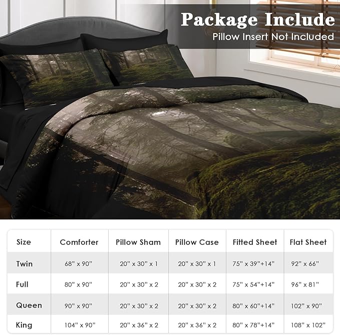 Comforter Set King Size, Tree Forest 7 Pcs Bedding for Kids and Adults, Mystic Mountain Plant Leaf Bed Sheet Sets with Fitted Sheet 2 Pillowcases & 2 Shams for Bedroom Bed Decor