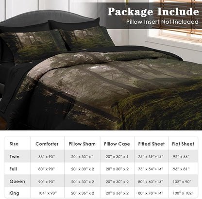 Comforter Set Queen Size, Tree Forest 7 Pcs Bedding for Kids and Adults, Mystic Mountain Plant Leaf Bed Sheet Sets with Fitted Sheet 2 Pillowcases & 2 Shams for Bedroom Bed Decor