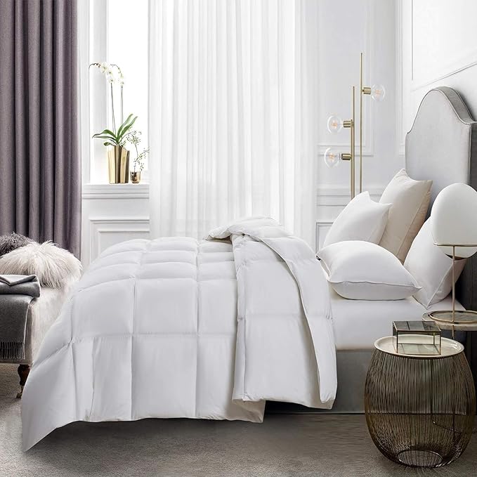 Serta Goose Feather Down Fiber Cotton Comforter Twin Size - 100% Cotton Duvet Insert - Hotel Luxury Hypoallergenic Bedding Comforter All Season Medium Warmth 68 x 90 Inch White
