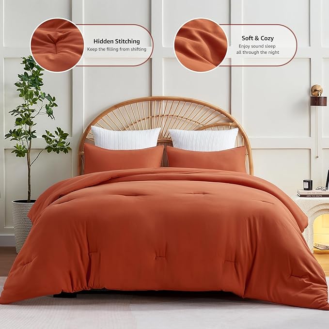 CozyLux Full Size Comforter Set Terracotta, 3 Pieces Burnt Orange Rust Solid Breathable Fall Bedding Sets, Luxury Lightweight Soft Bed Set with Down Alternative Comforter and 2 Pillowcases All Season