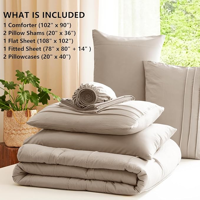 CozyLux King Size Comforter Set Wheat, 7 Pieces Soft Pinch Pleat Bed in a Bag King Comforter Set with Sheets, Boho Bed Set with Down Alternative Comforter, Sheets, Pillowcases & Shams