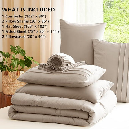 CozyLux King Size Comforter Set Wheat, 7 Pieces Soft Pinch Pleat Bed in a Bag King Comforter Set with Sheets, Boho Bed Set with Down Alternative Comforter, Sheets, Pillowcases & Shams