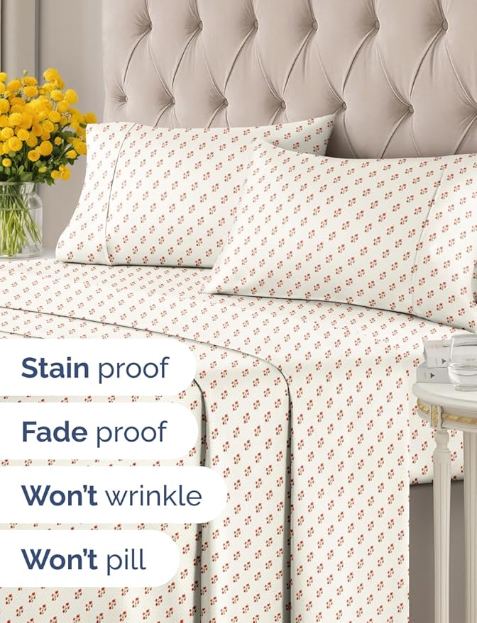 Floral Sheets - Flower Print Bed Sheet Set - 1 Flat, 1 Fitted & 1 Pillowcase w/ Deep Pockets - Comfy, Cozy, Wrinkle & Fade Free - Boho Botanical Bedding - Soft, Breathable & Cooling - Twin XL Size Set